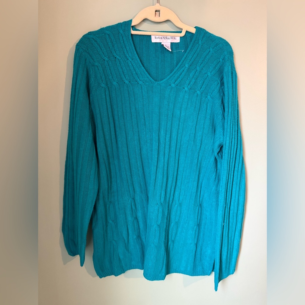 Vintage Norton McNaughton Knit V Neck Sweater Pull Over Teal Blue L Cottage Whim